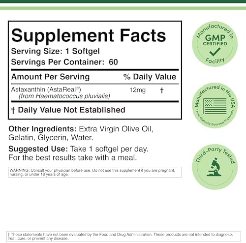 Astaxanthin 12mg Max Strength  Only Patented Astaxanthin  Astrareal  with 70  Human Clinical Trials   Worlds Most Studied Brand  Grown  Harvested  and Made in The USA  Astaxantina  by Double Wood