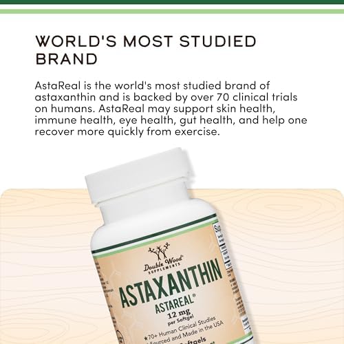 Astaxanthin 12mg Max Strength  Only Patented Astaxanthin  Astrareal  with 70  Human Clinical Trials   Worlds Most Studied Brand  Grown  Harvested  and Made in The USA  Astaxantina  by Double Wood