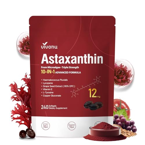 Astaxantina 12 mg, 960 cápsulas blandas, Haematococcus Pluvialis 10 en 1 suplementos antioxidantes de astaxantina, contiene licopeno, semilla de uva, vitamina E, apoya la salud de la piel de