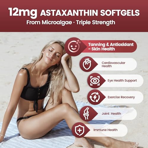 Astaxantina 12 mg, 960 cápsulas blandas, Haematococcus Pluvialis 10 en 1 suplementos antioxidantes de astaxantina, contiene licopeno, semilla de uva, vitamina E, apoya la salud de la piel de