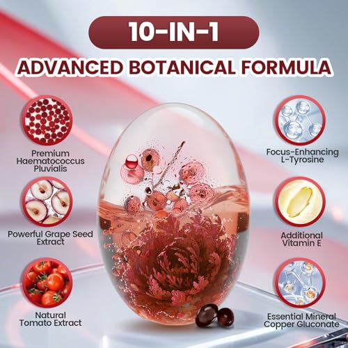 Astaxantina 12 mg, 960 cápsulas blandas, Haematococcus Pluvialis 10 en 1 suplementos antioxidantes de astaxantina, contiene licopeno, semilla de uva, vitamina E, apoya la salud de la piel de
