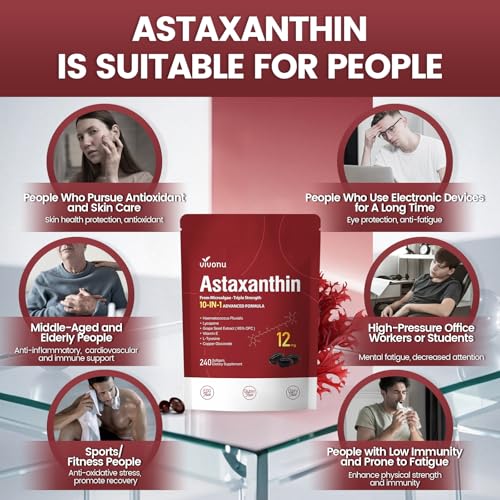 Astaxantina 12 mg, 960 cápsulas blandas, Haematococcus Pluvialis 10 en 1 suplementos antioxidantes de astaxantina, contiene licopeno, semilla de uva, vitamina E, apoya la salud de la piel de