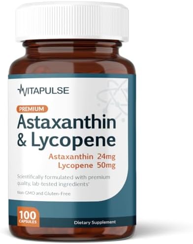 Astaxanthin 24mg with Lycopene 50mg Supplement  100 Vegetarian Capsules  Non GMO  Gluten Free