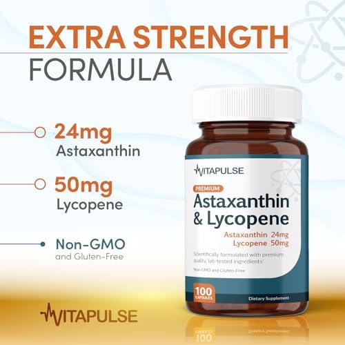 Astaxanthin 24mg with Lycopene 50mg Supplement  100 Vegetarian Capsules  Non GMO  Gluten Free