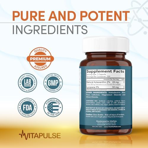 Astaxanthin 24mg with Lycopene 50mg Supplement  100 Vegetarian Capsules  Non GMO  Gluten Free