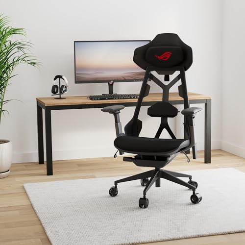 Asus ROG Destrier Ergo Gaming Chair  Futuristic Cyborg Aesthetic  Versatile Seat Adjustments  Mobile Arm Support Mode  Acoustic Panel  Aluminum Frame  Breathable Mesh and Comfortable PU Foam  Black