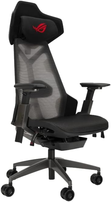 Asus ROG Destrier Ergo Gaming Chair  Futuristic Cyborg Aesthetic  Versatile Seat Adjustments  Mobile Arm Support Mode  Acoustic Panel  Aluminum Frame  Breathable Mesh and Comfortable PU Foam  Black