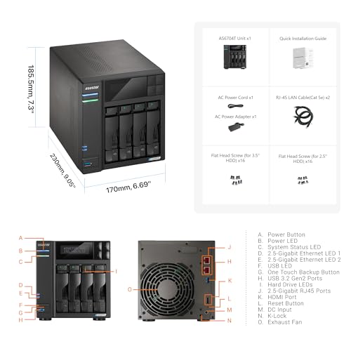 Asustor Lockerstor 4 Gen2   AS6704T   4 Bay NAS  Quad Core 2 0GHz Processor  4 M 2 NVMe Slots  PCIe 3 0   Dual 2 5GbE  Expandable to 10GbE  4GB DDR4 RAM   No Drive