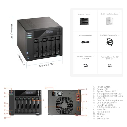 Asustor Lockerstor 6 Gen2 AS6706T   6 Bay NAS  Quad Core 2 0 GHz CPU  4X M 2 NVMe Slots  Dual 2 5GbE  Upgradable to 10GbE  8GB DDR4 RAM  Content Creation Network Attached Storage  Diskless