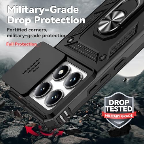 Asuwish Phone Case for Xiaomi 14T Pro with Slide Camera Cover Tempered Glass Screen Protector Ring Holder Stand Rugged Slim Cell Protective Mi 14TPro 14 T T14 5G Women Men Military Grade Hybrid Black