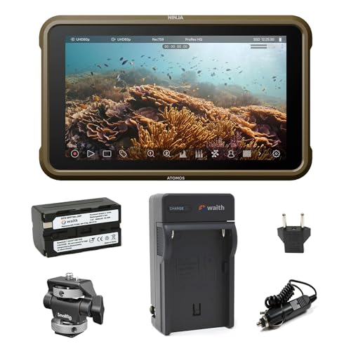Atomos Ninja 5 2 Touchscreen Display 4K HDMI Recording Monitor with Waith Power Battery   Charger Combo  NP F750   Swivel and Tilt Adjustable Monitor Mount Bundle Set