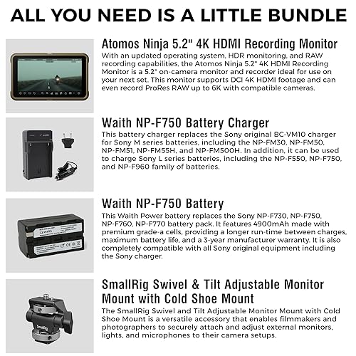 Atomos Ninja 5 2 Touchscreen Display 4K HDMI Recording Monitor with Waith Power Battery   Charger Combo  NP F750   Swivel and Tilt Adjustable Monitor Mount Bundle Set