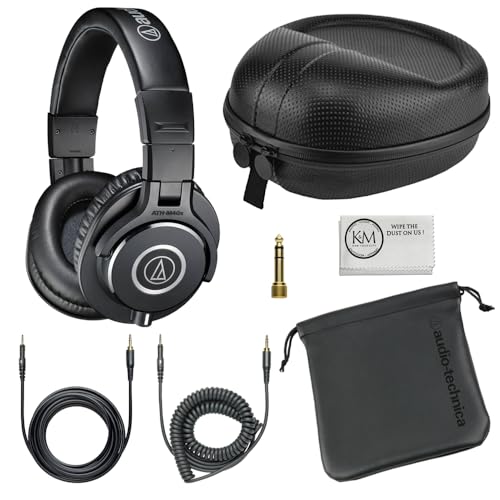 Audio Technica ATH M40x Professional Studio Monitor Headphones Bundle with Full Sized Hard Body Headphone Case and Microfiber Cleaning Cloth  3 Items
