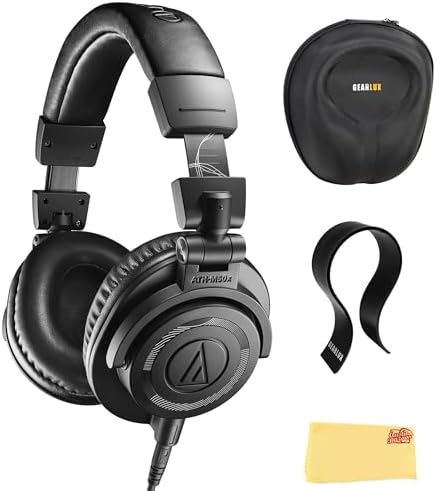 Audio Technica ATH M30x Professional Monitor Headphones   Black Bundle with Case  Stand  Pouch  and Austin Bazaar Polishing Cloth