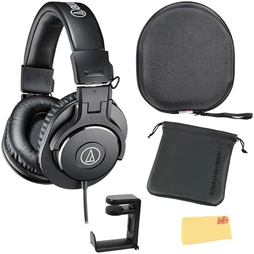 Audio Technica ATH M30x Professional Monitor Headphones   Black Bundle with Case  Stand  Pouch  and Austin Bazaar Polishing Cloth