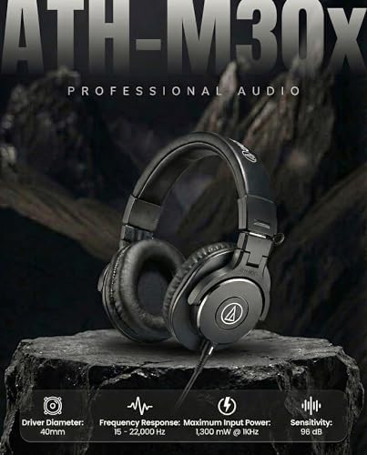 Audio Technica ATH M30x Professional Monitor Headphones   Black Bundle with Case  Stand  Pouch  and Austin Bazaar Polishing Cloth