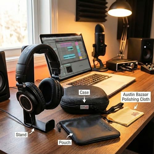 Audio Technica ATH M30x Professional Monitor Headphones   Black Bundle with Case  Stand  Pouch  and Austin Bazaar Polishing Cloth