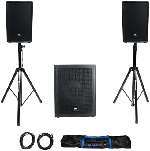 Audiosavings Bundle   2  JBL IRX112BT 12 1300 Watt DJ Portable Speaker Bundle with Pair of Rockville Adjustable Tripod Speaker/Light Stands  2  XLR Cables   JBL IRX115S 1300w 15 Subwoofer  5 Items 