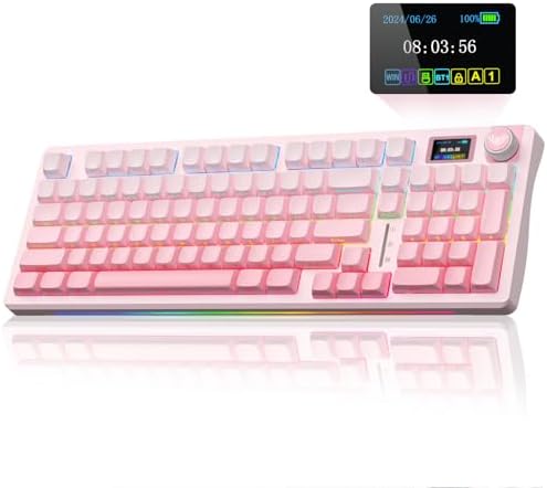 Aula S98 Pro Wireless Mechanical Keyboard with Screen & Knob 2 4GHz/USB C/BT5 0 Hot Swappable Pink Creamy Keyboard Pre lubed Linear Switches Side Printed PBT Keycaps Renewed 