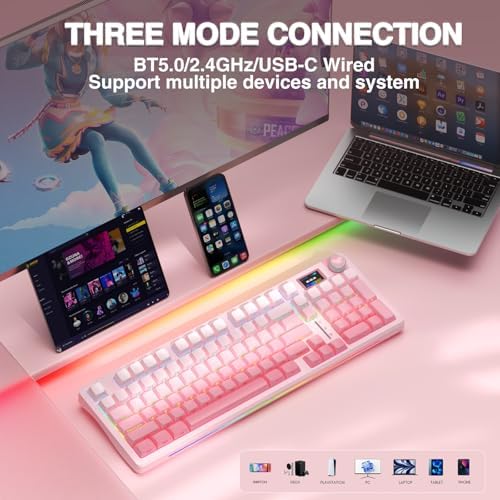 Aula S98 Pro Wireless Mechanical Keyboard with Screen & Knob 2 4GHz/USB C/BT5 0 Hot Swappable Pink Creamy Keyboard Pre lubed Linear Switches Side Printed PBT Keycaps Renewed 