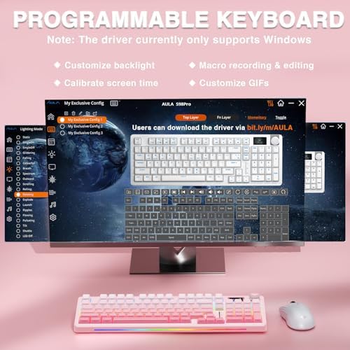 Aula S98 Pro Wireless Mechanical Keyboard with Screen & Knob 2 4GHz/USB C/BT5 0 Hot Swappable Pink Creamy Keyboard Pre lubed Linear Switches Side Printed PBT Keycaps Renewed 