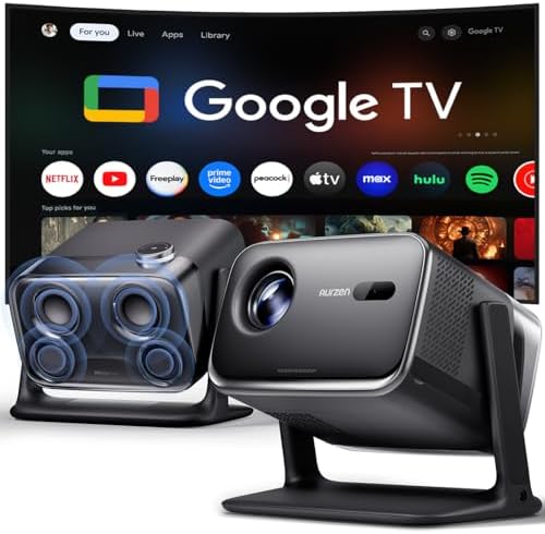 Aurzen BOOM mini Google TV Smart Projector with WiFi and Bluetooth  Voice Control  Family Mode  20W Dolby Audio  Real Time Focus 4K Supported Movie Projector for Bedroom/Home/Outdoor Live Sports Black