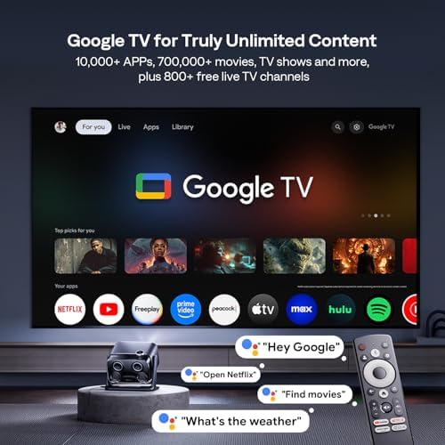 Aurzen BOOM mini Google TV Smart Projector with WiFi and Bluetooth  Voice Control  Family Mode  20W Dolby Audio  Real Time Focus 4K Supported Movie Projector for Bedroom/Home/Outdoor Live Sports Black