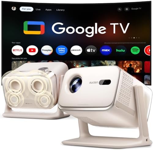 Aurzen BOOM mini Google TV Smart Projector with WiFi and Bluetooth  Voice Control  Family Mode  20W Dolby Audio  Real Time Focus 4K Supported Movie Projector for Bedroom/Home/Outdoor Live Sports Black