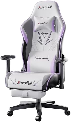 AutoFull C3 Gaming Chair  Ergonomic Wingless Cushion Computer Chair PU Leather Racing Style Office Chair with Lumbar Support Pillow and Footrest White