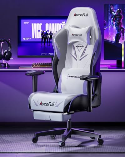 AutoFull C3 Gaming Chair  Ergonomic Wingless Cushion Computer Chair PU Leather Racing Style Office Chair with Lumbar Support Pillow and Footrest White
