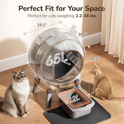 Automatic Self Cleaning Litter Box  Cat Litter Box with APP Control  65L Globe & Dual Safety Sensors  Robot Litter Box  1 Roll Garbage Bags and Litter Mat  <35DB  for Multiple Cats  Grey