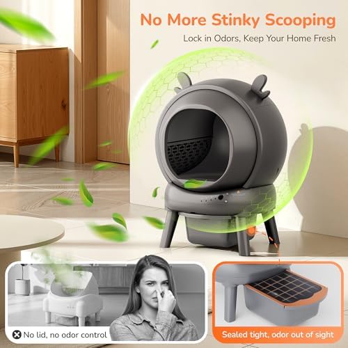 Automatic Self Cleaning Litter Box  Cat Litter Box with APP Control  65L Globe & Dual Safety Sensors  Robot Litter Box  1 Roll Garbage Bags and Litter Mat  <35DB  for Multiple Cats  Grey
