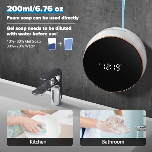 Automatic Soap Dispenser Foam Bathroom  Wall Mount Rechargeable Touchless Adjustable Auto Smart Electric Plastic White Foaming Soap Dispenser with Clock   Kitchen   Hand Dish Lotion Couple Kids