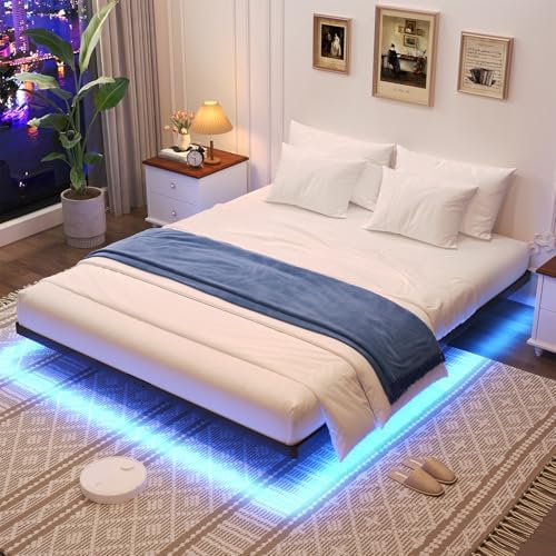 Awesofurni Floating Bed Frame Queen Size  Queen Bed Frame with Smart LED Lights  Heavy Duty Modern Metal Platform Bed No Box Spring Needed   Easy Assembly and Noise Free