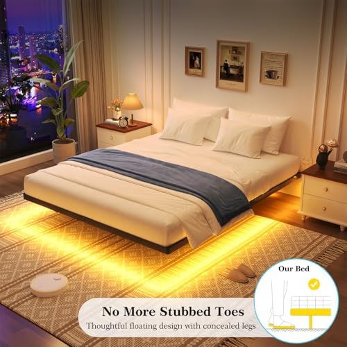 Awesofurni Floating Bed Frame Queen Size  Queen Bed Frame with Smart LED Lights  Heavy Duty Modern Metal Platform Bed No Box Spring Needed   Easy Assembly and Noise Free