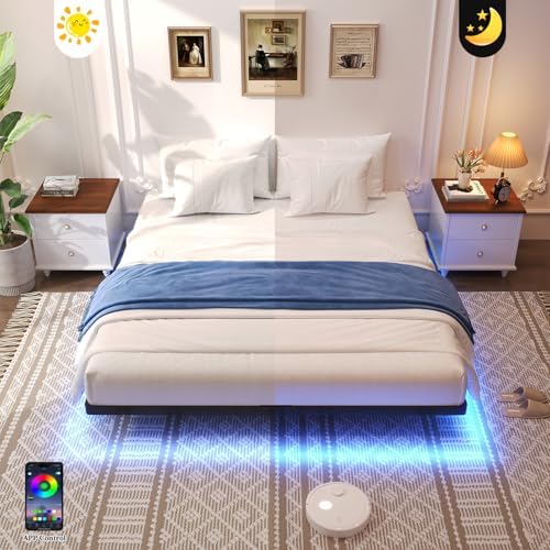 Awesofurni Floating Bed Frame Queen Size  Queen Bed Frame with Smart LED Lights  Heavy Duty Modern Metal Platform Bed No Box Spring Needed   Easy Assembly and Noise Free
