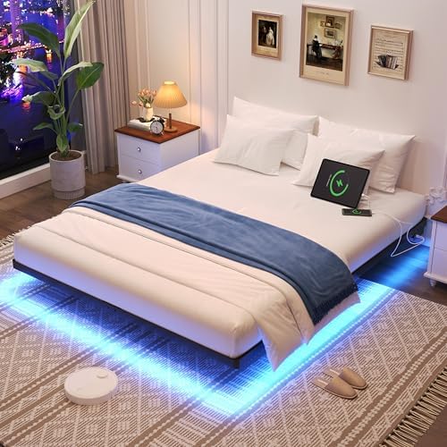 Awesofurni Floating Bed Frame Queen Size  Queen Bed Frame with Smart LED Lights  Heavy Duty Modern Metal Platform Bed No Box Spring Needed   Easy Assembly and Noise Free