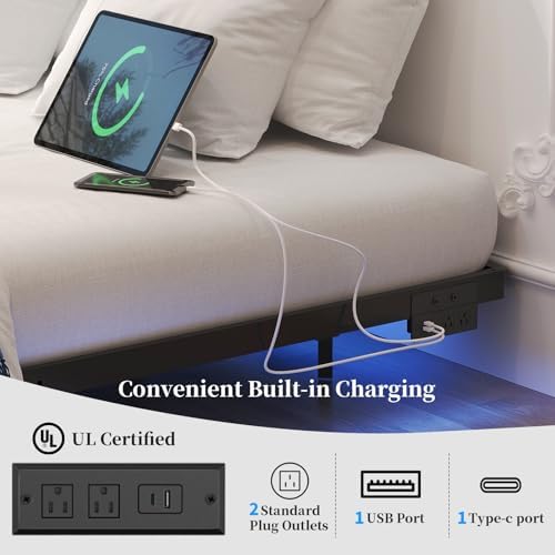 Awesofurni Floating Bed Frame Queen Size with LED Lights and Charging Station  Heavy Duty Modern Metal Platform Bed No Box Spring Needed   Easy Assembly and Noise Free
