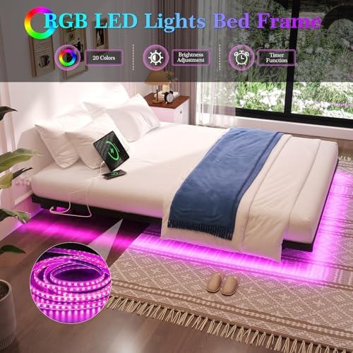 Awesofurni Floating Bed Frame Queen Size with LED Lights and Charging Station  Heavy Duty Modern Metal Platform Bed No Box Spring Needed   Easy Assembly and Noise Free