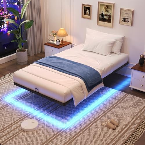 Awesofurni Floating Bed Frame Queen Size with LED Lights and Charging Station  Heavy Duty Modern Metal Platform Bed No Box Spring Needed   Easy Assembly and Noise Free