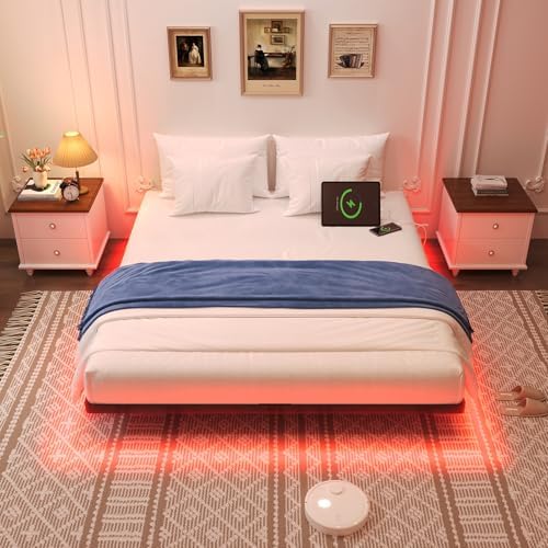 Awesofurni Floating Bed Frame Queen Size with LED Lights and Charging Station  Heavy Duty Modern Metal Platform Bed No Box Spring Needed   Easy Assembly and Noise Free