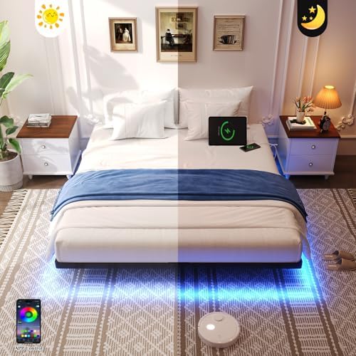 Awesofurni Floating Bed Frame Queen Size with LED Lights and Charging Station  Heavy Duty Modern Metal Platform Bed No Box Spring Needed   Easy Assembly and Noise Free