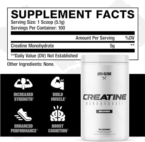 Axe & Sledge Basics Creatine   Unflavored  Enhances Strength & Performance  Increases Lean Body Mass  50 Servings   Pure Creatine Monohydrate  No Fillers or Artificial Substances   100 Servings