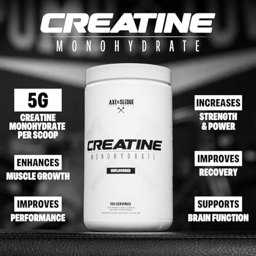 Axe & Sledge Basics Creatine   Unflavored  Enhances Strength & Performance  Increases Lean Body Mass  50 Servings   Pure Creatine Monohydrate  No Fillers or Artificial Substances   100 Servings