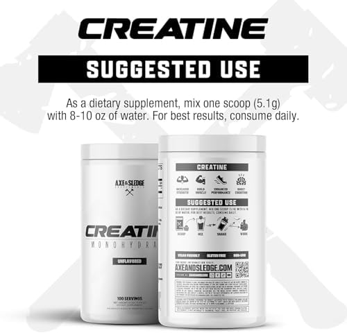 Axe & Sledge Basics Creatine   Unflavored  Enhances Strength & Performance  Increases Lean Body Mass  50 Servings   Pure Creatine Monohydrate  No Fillers or Artificial Substances   100 Servings