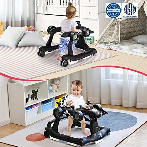 BABY JOY 4 in 1 Baby Walker  Foldable Activity Walker with Adjustable Height & Speed  Music  Lights  Anti Rollover  Toddler Push Walker  Baby Walker with Wheels for Boys Girls 6 18 Months  Black