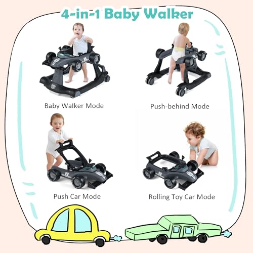 BABY JOY 4 in 1 Baby Walker  Foldable Activity Walker with Adjustable Height & Speed  Music  Lights  Anti Rollover  Toddler Push Walker  Baby Walker with Wheels for Boys Girls 6 18 Months  Black