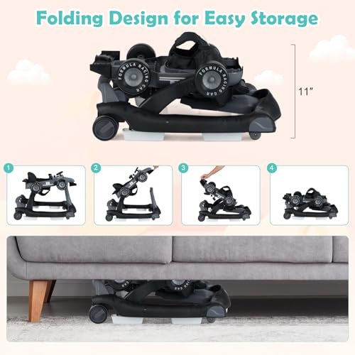 BABY JOY 4 in 1 Baby Walker  Foldable Activity Walker with Adjustable Height & Speed  Music  Lights  Anti Rollover  Toddler Push Walker  Baby Walker with Wheels for Boys Girls 6 18 Months  Black