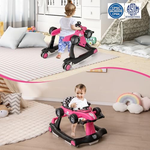 BABY JOY 4 in 1 Baby Walker  Foldable Activity Walker with Adjustable Height & Speed  Music  Lights  Anti Rollover  Toddler Push Walker  Baby Walker with Wheels for Boys Girls 6 18 Months  Black