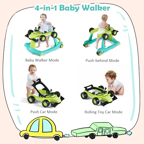 BABY JOY 4 in 1 Baby Walker  Foldable Activity Walker with Adjustable Height & Speed  Music  Lights  Anti Rollover  Toddler Push Walker  Baby Walker with Wheels for Boys Girls 6 18 Months  Black